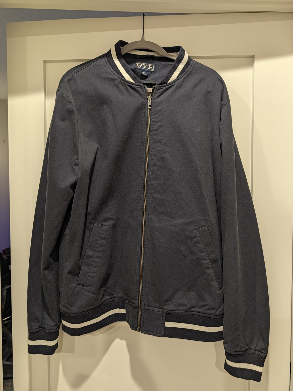 Rye Navy Bomber Jacket with Cream Stripe Trim